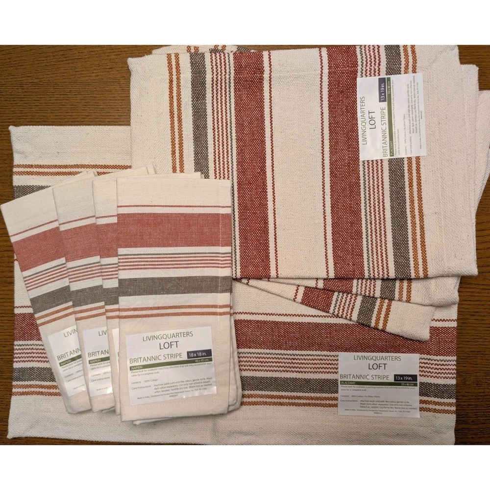 Living Quarters Loft Set 4 Cotton 18" Napkins & Placemats Red Britannic Stripe